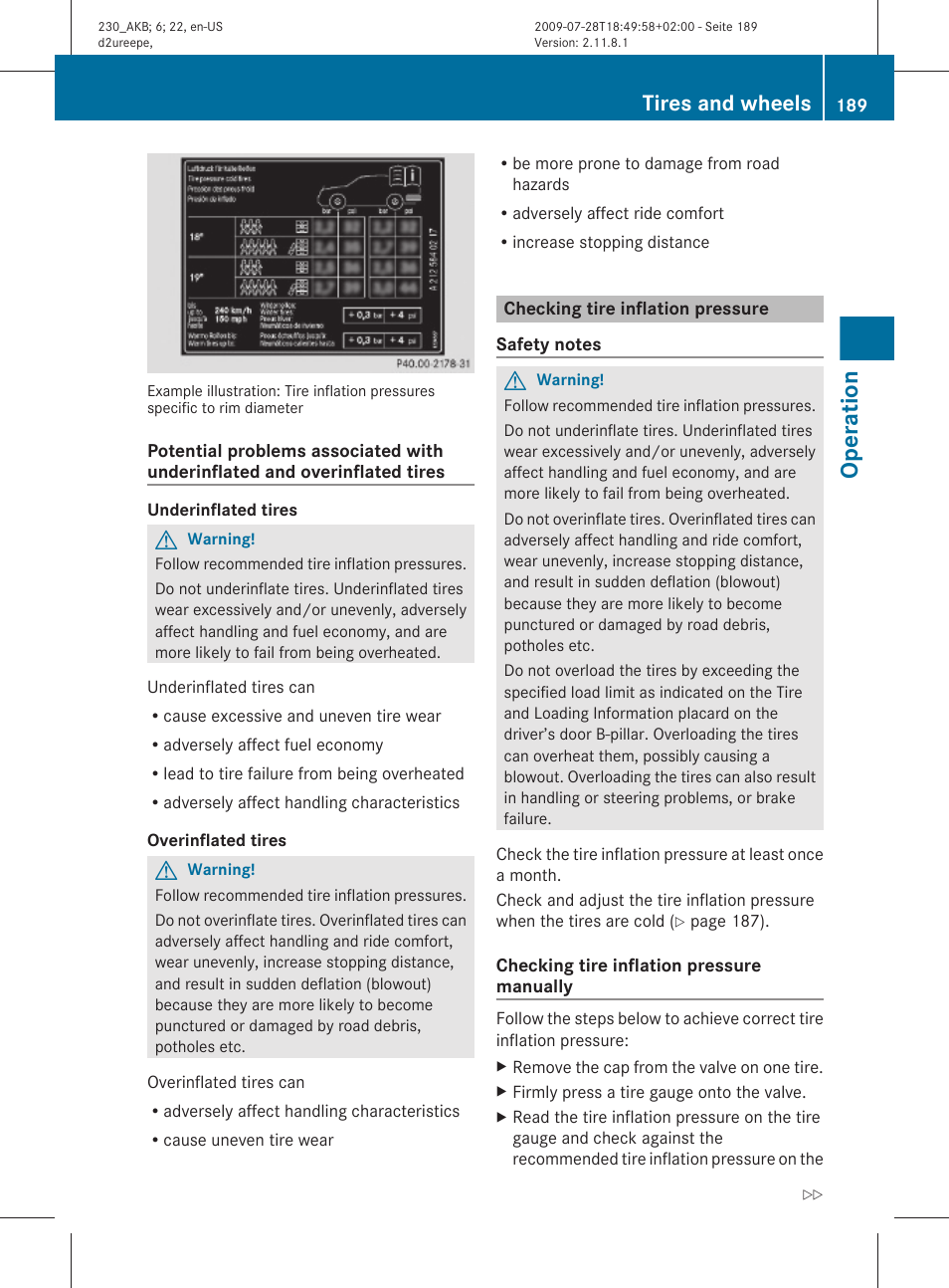 Checking tire inflation pressure, Tire inflation pressure, Operation | Tires and wheels | Mercedes-Benz 2011 SL-Class User Manual | Page 191 / 316