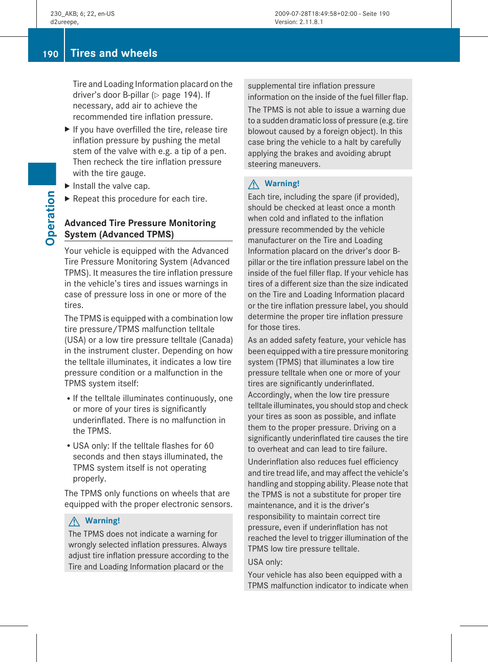 Advanced tpms, Operation, Tires and wheels | Mercedes-Benz 2011 SL-Class User Manual | Page 192 / 316