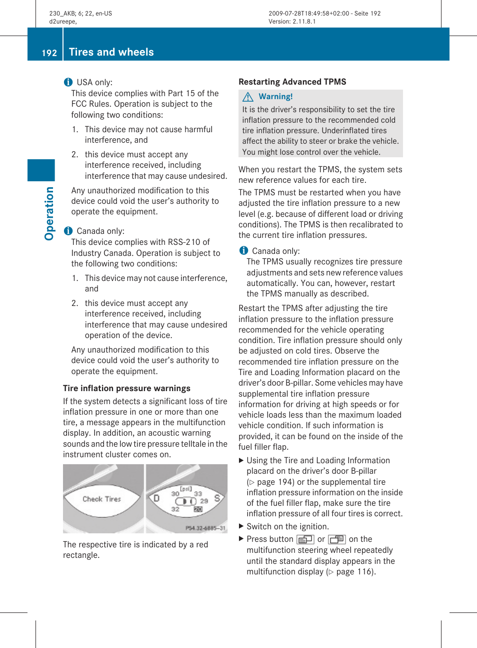 Operation, Tires and wheels | Mercedes-Benz 2011 SL-Class User Manual | Page 194 / 316