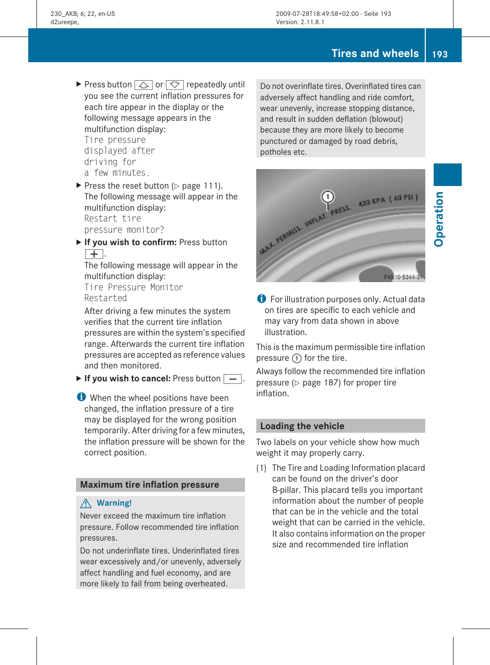 Maximum tire inflation pressure, Loading the vehicle, Operation | Tires and wheels | Mercedes-Benz 2011 SL-Class User Manual | Page 195 / 316