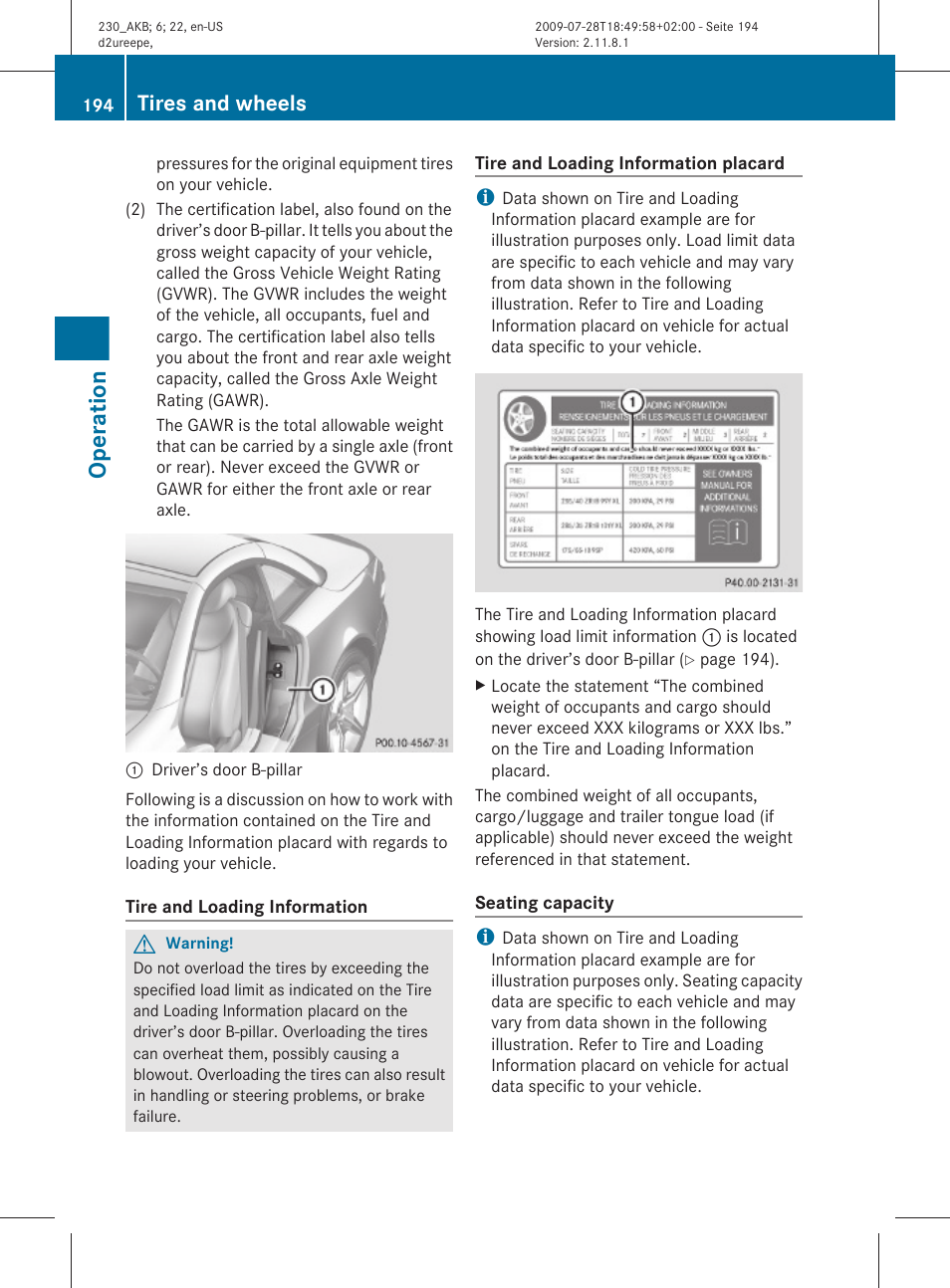 Operation, Tires and wheels | Mercedes-Benz 2011 SL-Class User Manual | Page 196 / 316