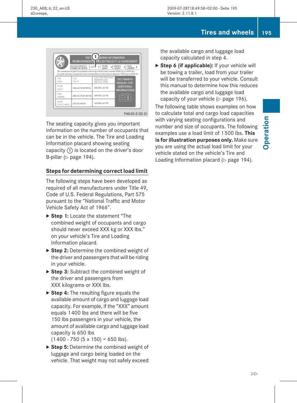 Operation, Tires and wheels | Mercedes-Benz 2011 SL-Class User Manual | Page 197 / 316