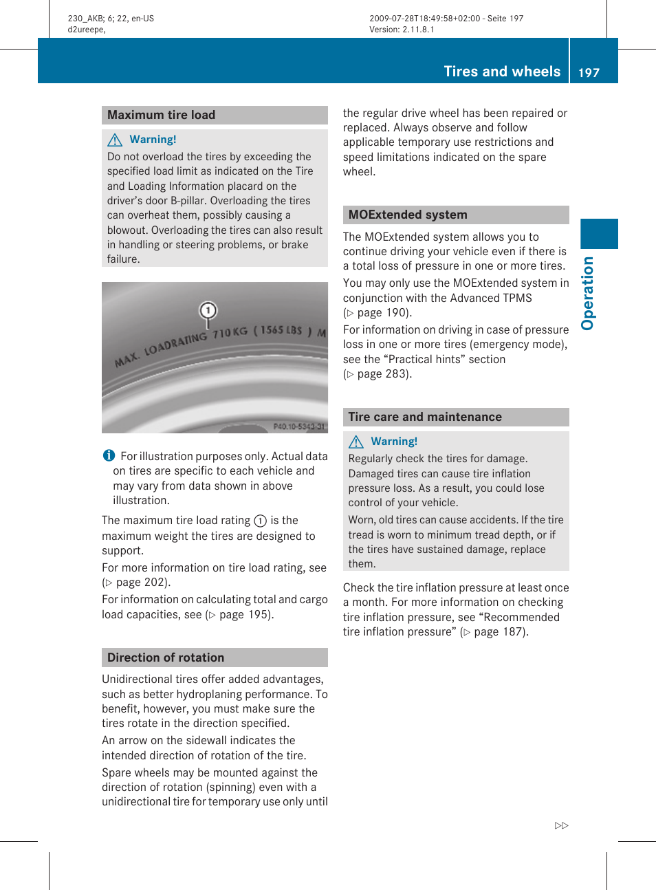 Maximum tire load, Direction of rotation, Moextended system | Tire care and maintenance, Operation, Tires and wheels | Mercedes-Benz 2011 SL-Class User Manual | Page 199 / 316