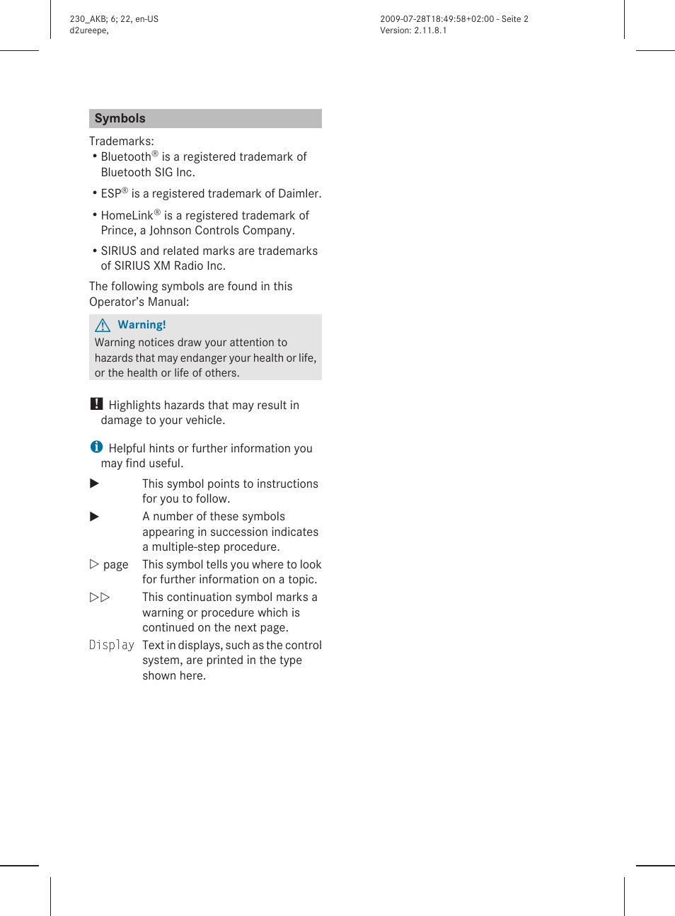 Mercedes-Benz 2011 SL-Class User Manual | Page 2 / 316