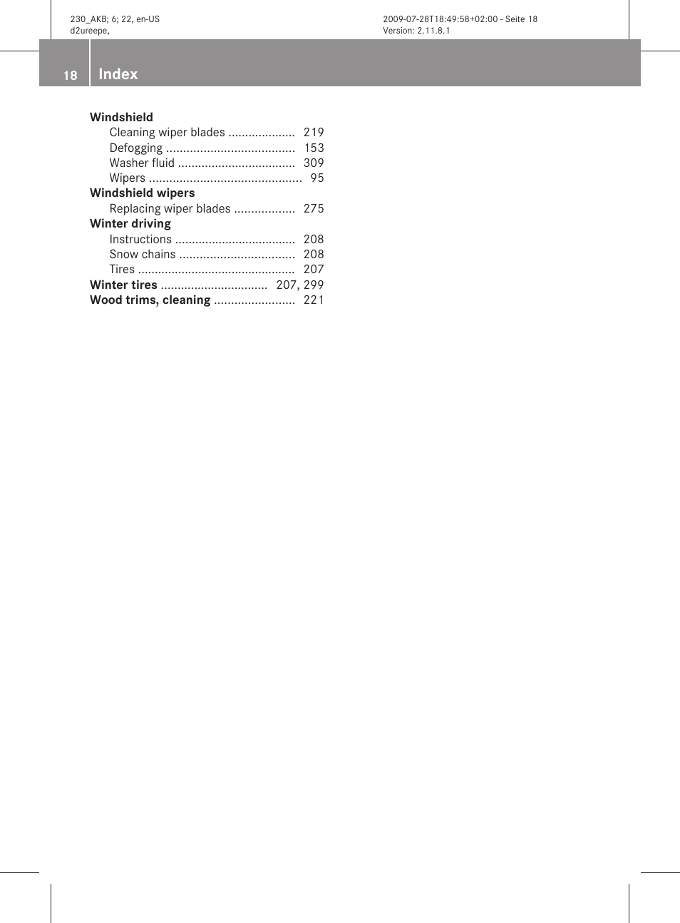 Index | Mercedes-Benz 2011 SL-Class User Manual | Page 20 / 316