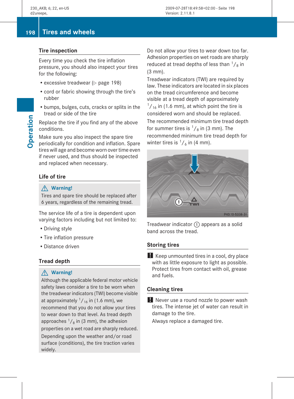 Operation, Tires and wheels | Mercedes-Benz 2011 SL-Class User Manual | Page 200 / 316