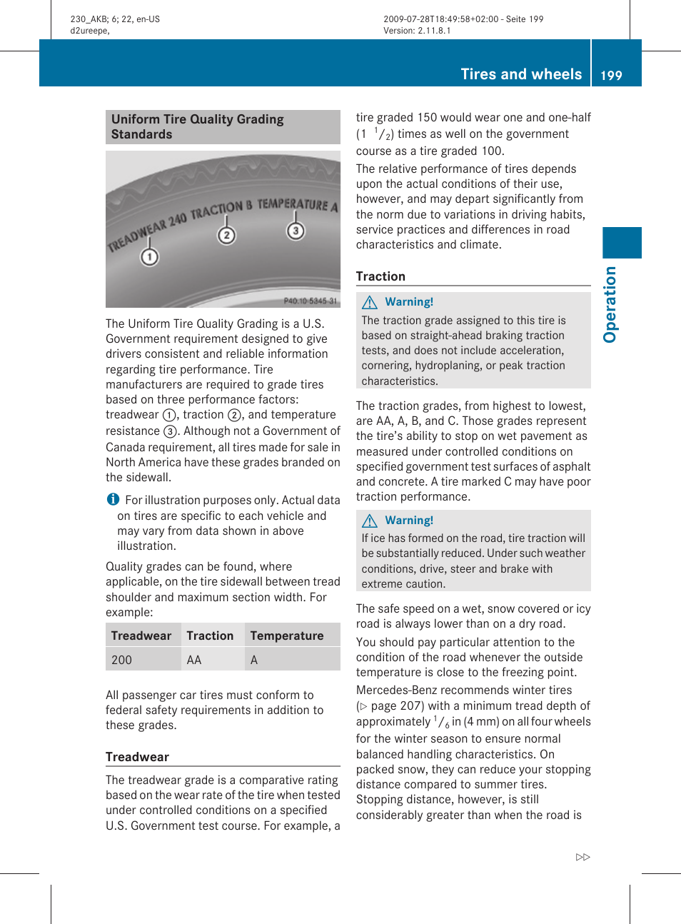 Uniform tire quality grading standards, Operation, Tires and wheels | Mercedes-Benz 2011 SL-Class User Manual | Page 201 / 316