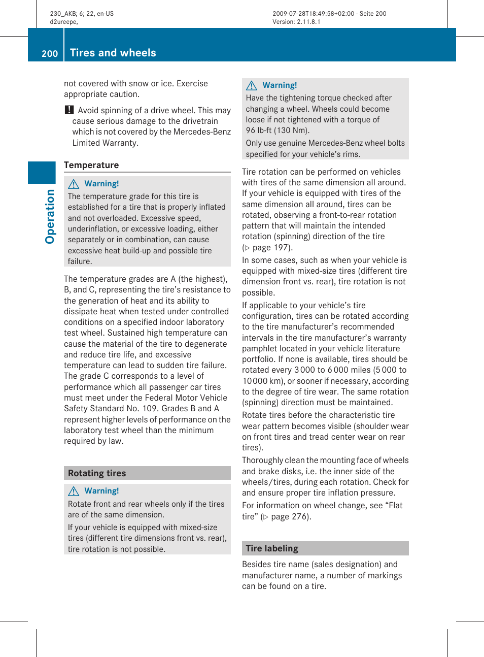 Rotating tires, Tire labeling, Operation | Tires and wheels | Mercedes-Benz 2011 SL-Class User Manual | Page 202 / 316