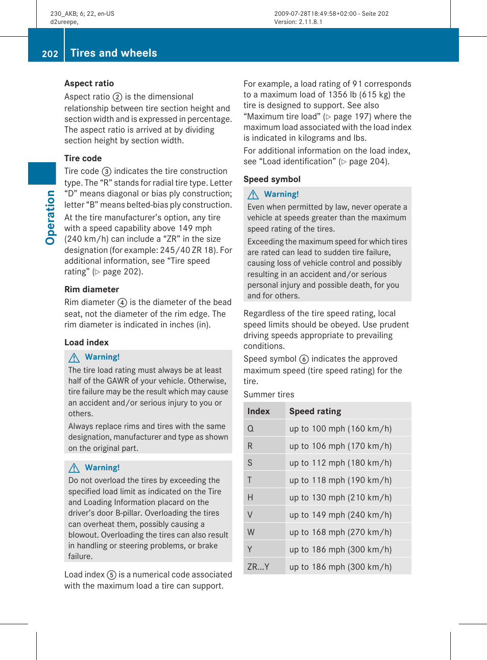 Operation, Tires and wheels | Mercedes-Benz 2011 SL-Class User Manual | Page 204 / 316