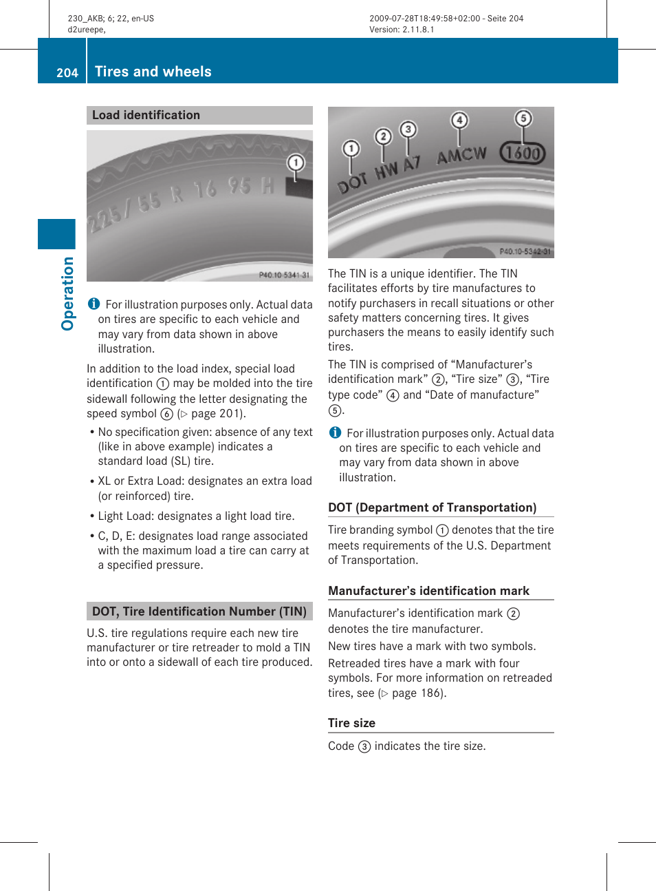 Load identification, Dot, tire identification number (tin), See “load identification | Operation, Tires and wheels | Mercedes-Benz 2011 SL-Class User Manual | Page 206 / 316