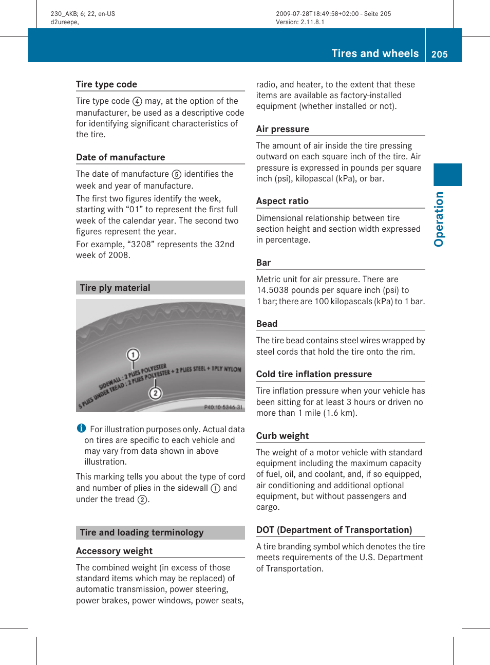 Tire ply material, Tire and loading terminology, Operation | Tires and wheels | Mercedes-Benz 2011 SL-Class User Manual | Page 207 / 316