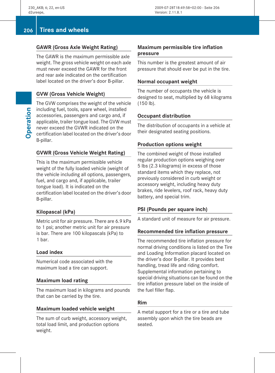 Operation, Tires and wheels | Mercedes-Benz 2011 SL-Class User Manual | Page 208 / 316