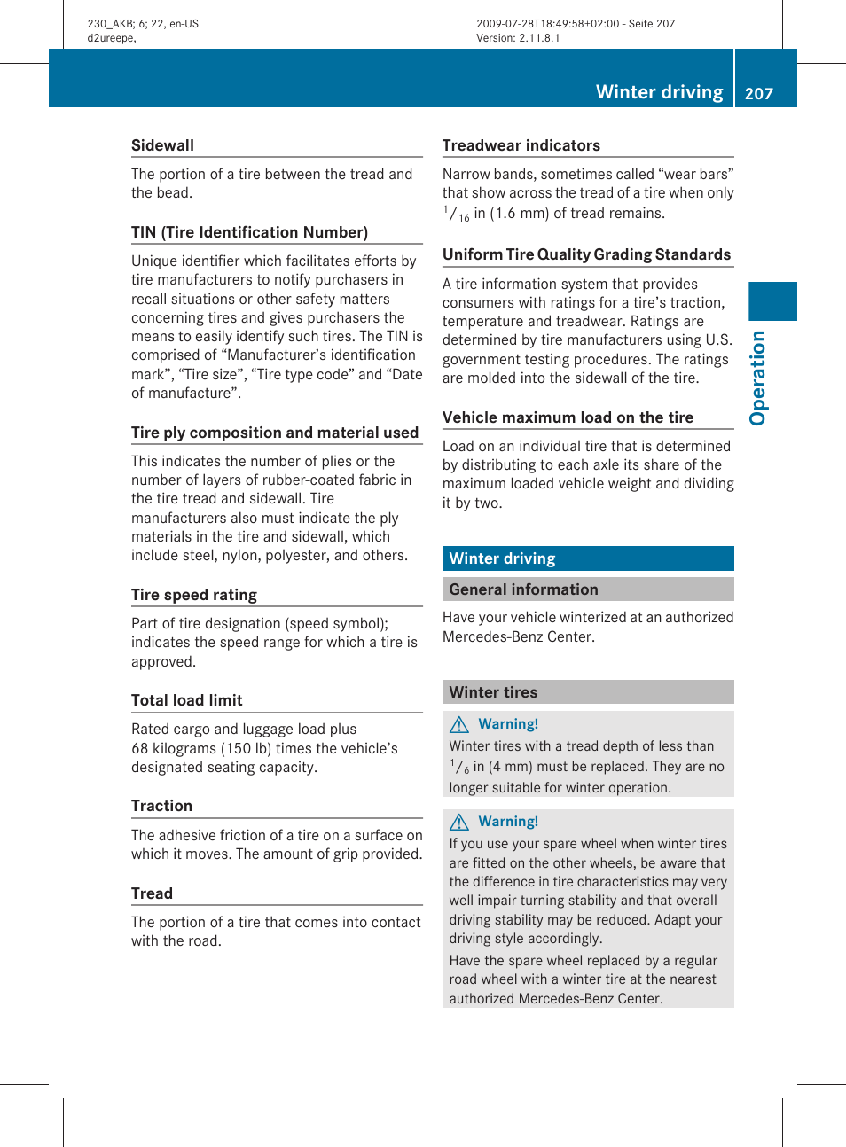 Winter driving, General information, Winter tires | Operation | Mercedes-Benz 2011 SL-Class User Manual | Page 209 / 316