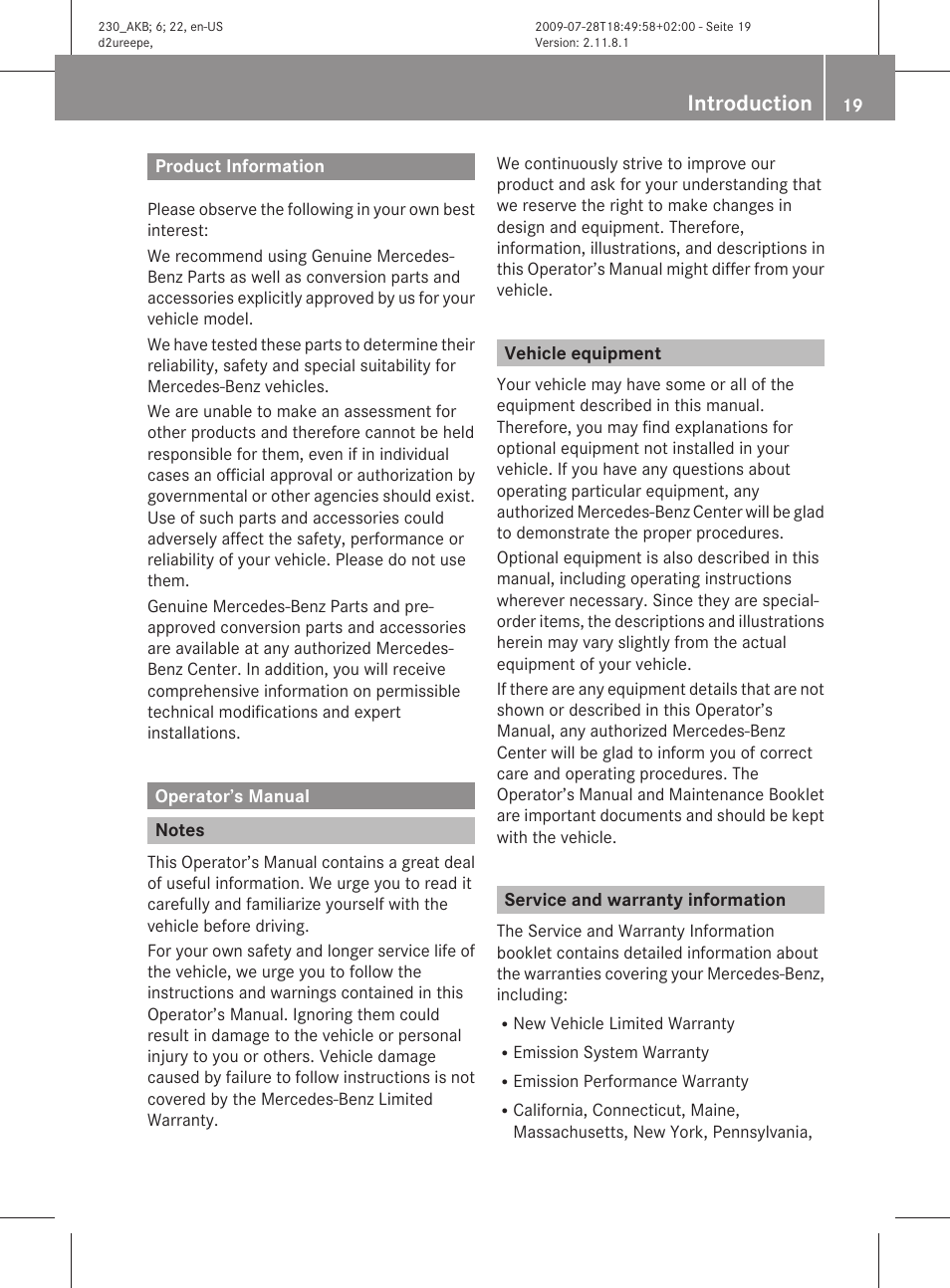 Introduction, Product information, Operator’s manual | Notes, Vehicle equipment, Service and warranty information | Mercedes-Benz 2011 SL-Class User Manual | Page 21 / 316