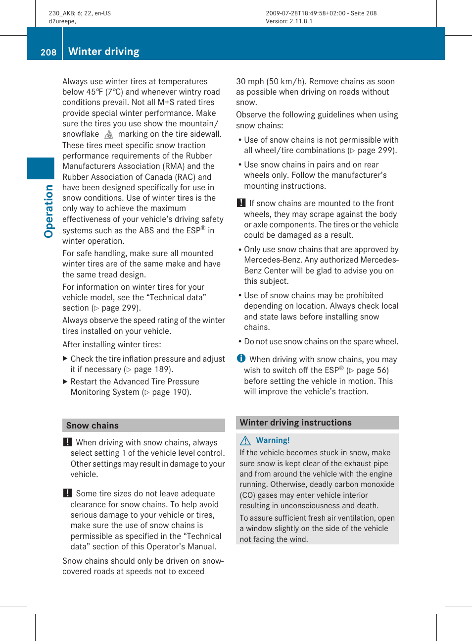 Snow chains, Winter driving instructions, Operation | Winter driving | Mercedes-Benz 2011 SL-Class User Manual | Page 210 / 316