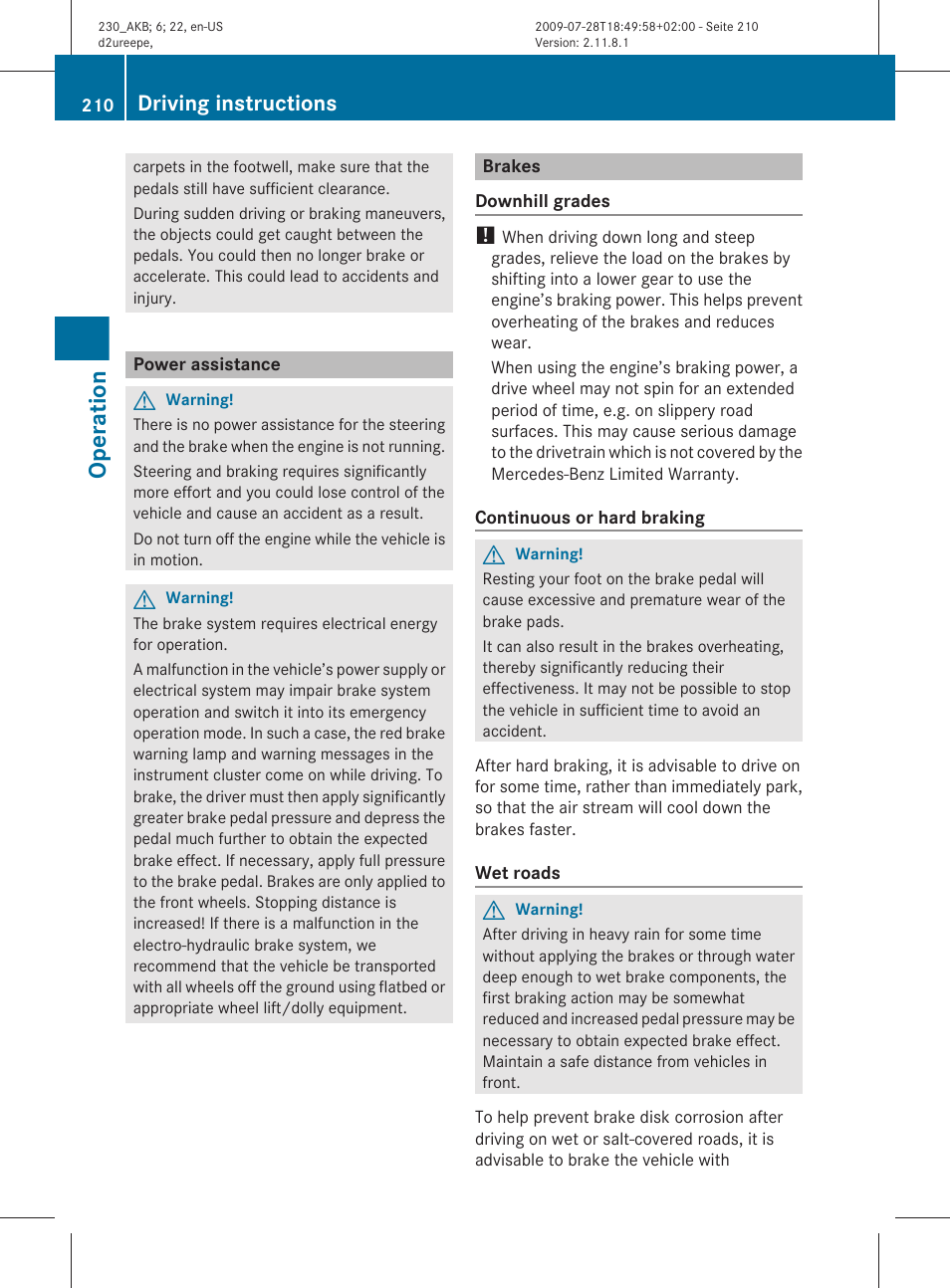 Power assistance, Brakes, Operation | Driving instructions | Mercedes-Benz 2011 SL-Class User Manual | Page 212 / 316