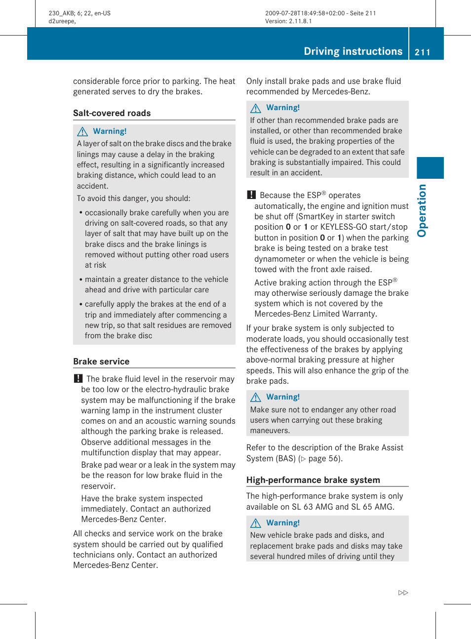 Operation, Driving instructions | Mercedes-Benz 2011 SL-Class User Manual | Page 213 / 316