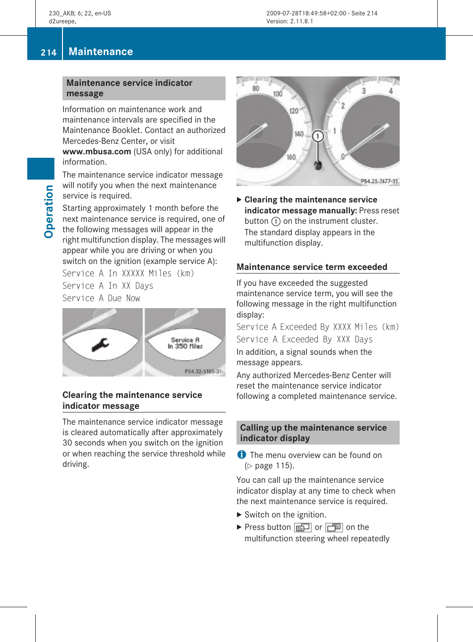 Maintenance service indicator message, Operation, Maintenance | Mercedes-Benz 2011 SL-Class User Manual | Page 216 / 316