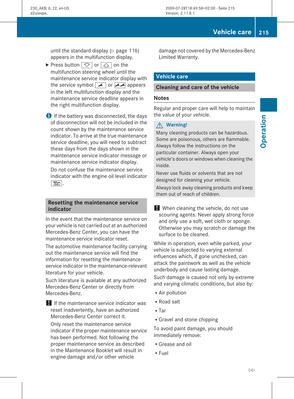 Resetting the maintenance service indicator, Vehicle care, Cleaning and care of the vehicle | Operation | Mercedes-Benz 2011 SL-Class User Manual | Page 217 / 316