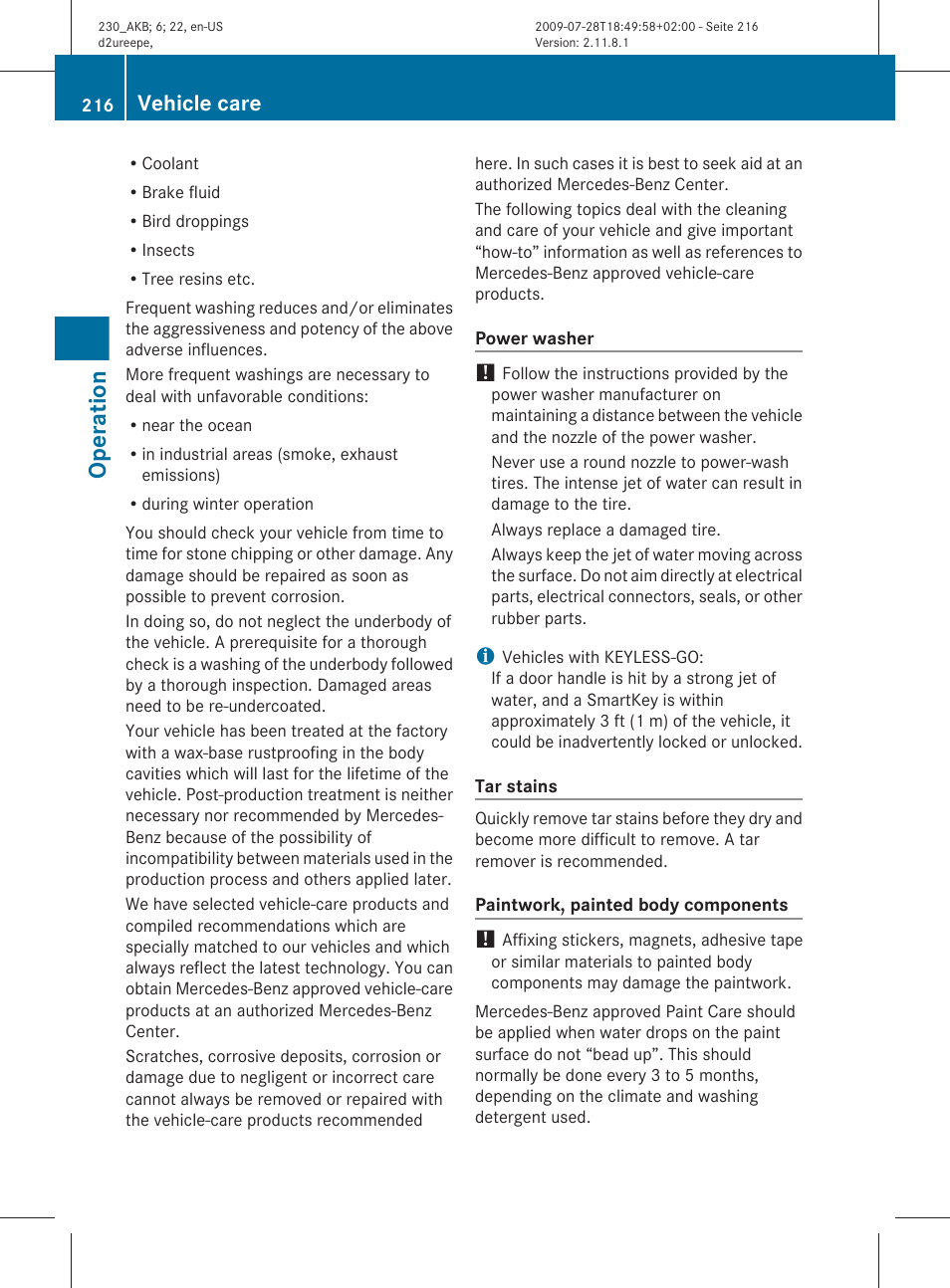 Operation, Vehicle care | Mercedes-Benz 2011 SL-Class User Manual | Page 218 / 316