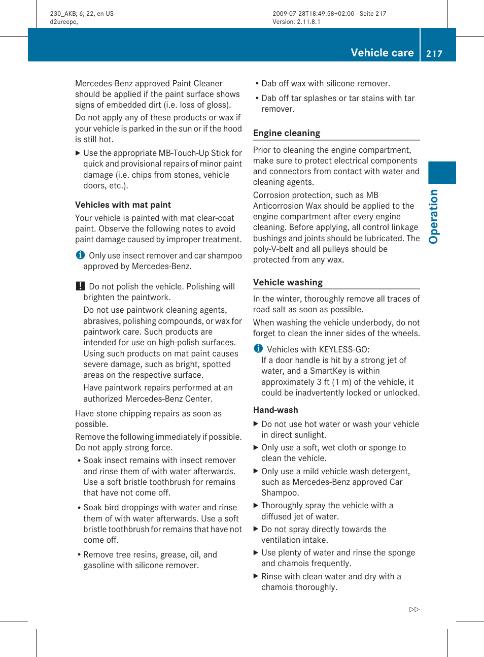 Operation, Vehicle care | Mercedes-Benz 2011 SL-Class User Manual | Page 219 / 316