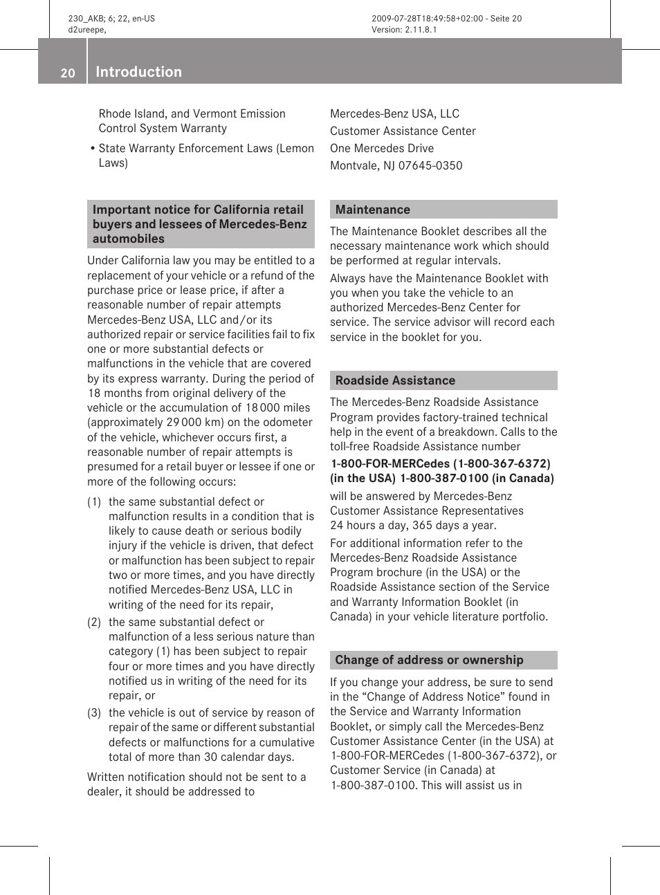 Maintenance, Roadside assistance, Change of address or ownership | Introduction | Mercedes-Benz 2011 SL-Class User Manual | Page 22 / 316