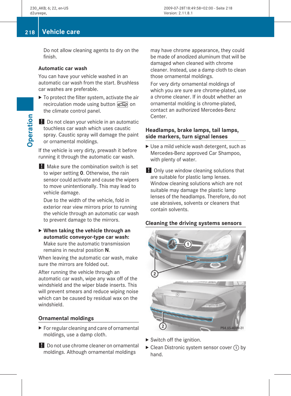 Sensor cover, see, Operation, Vehicle care | Mercedes-Benz 2011 SL-Class User Manual | Page 220 / 316