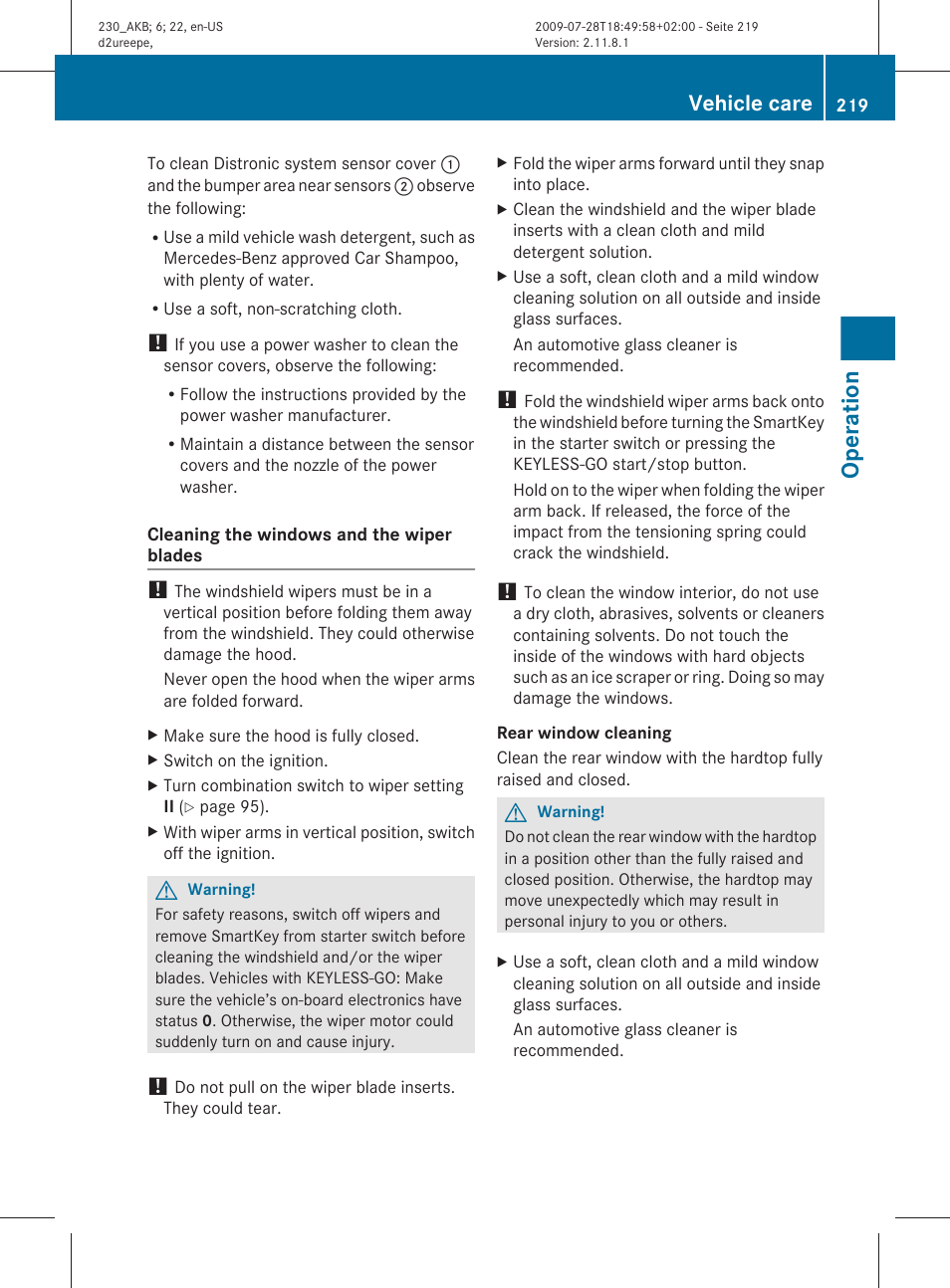 Operation, Vehicle care | Mercedes-Benz 2011 SL-Class User Manual | Page 221 / 316