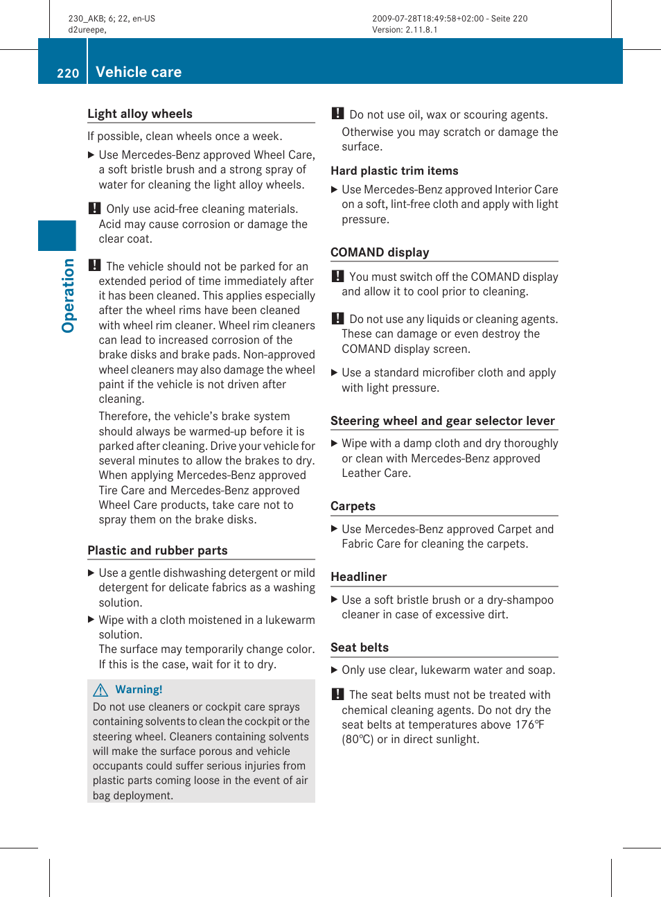 Operation, Vehicle care | Mercedes-Benz 2011 SL-Class User Manual | Page 222 / 316