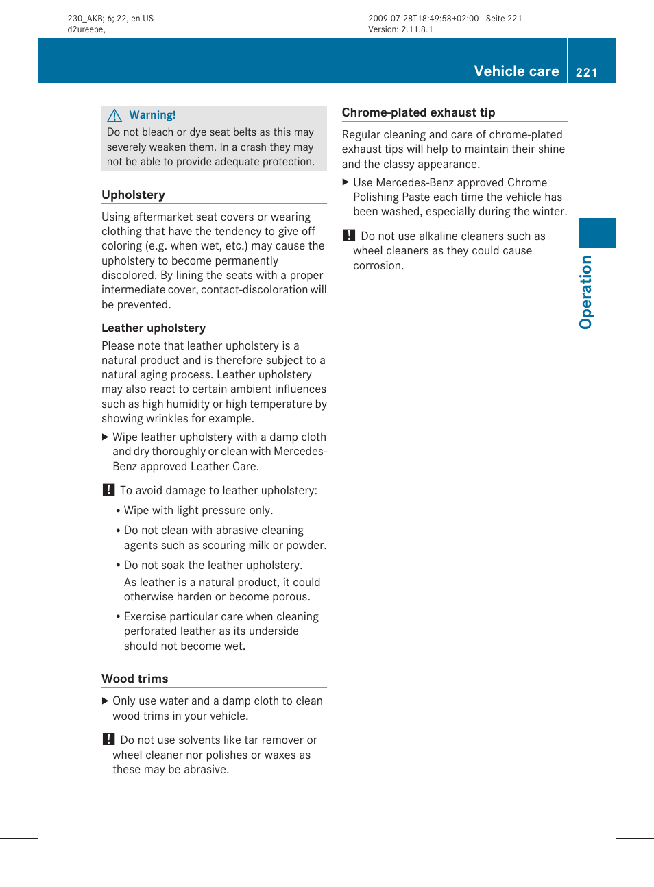 Operation, Vehicle care | Mercedes-Benz 2011 SL-Class User Manual | Page 223 / 316