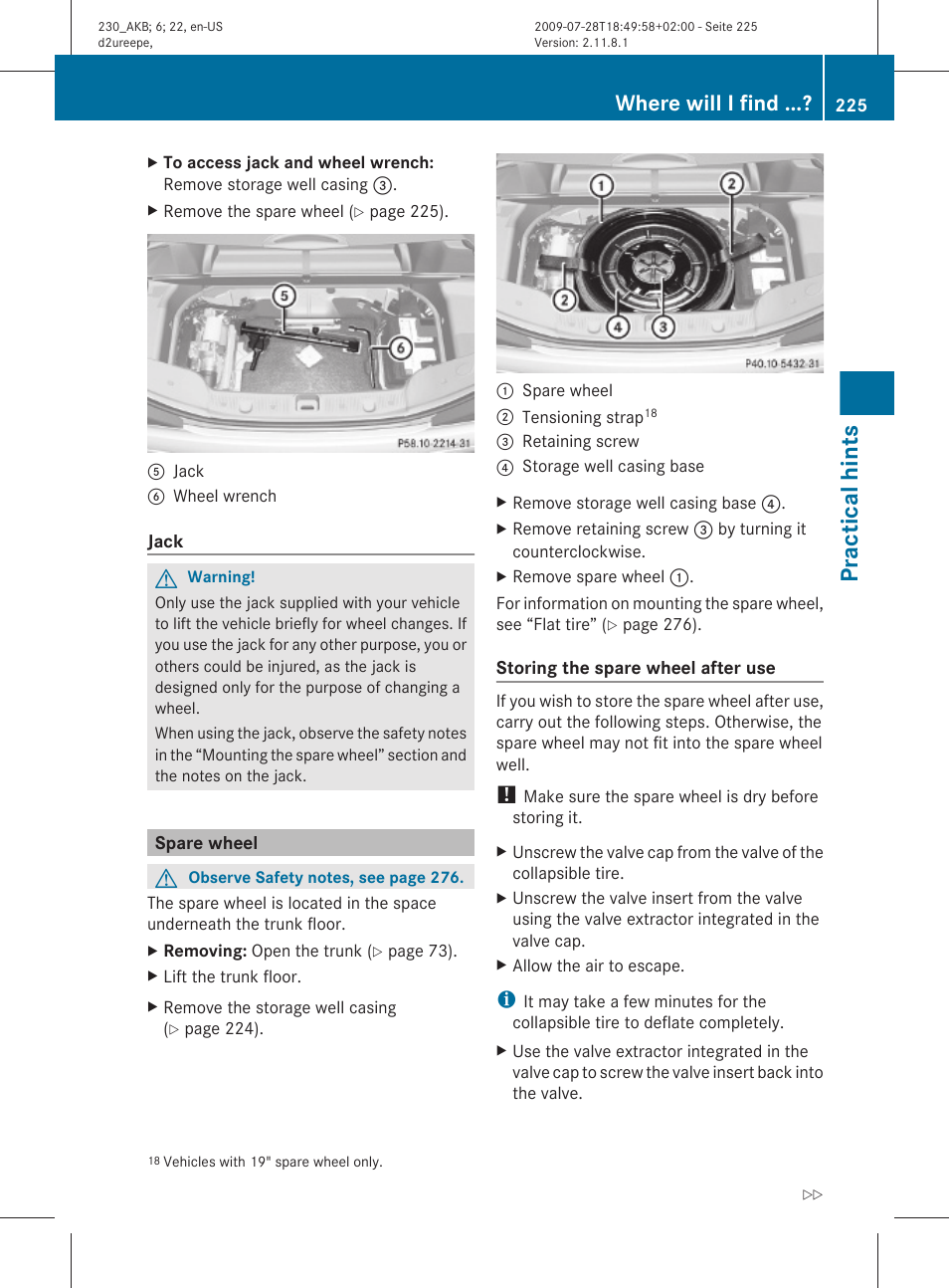 Spare wheel, Practical hints, Where will i find | Mercedes-Benz 2011 SL-Class User Manual | Page 227 / 316