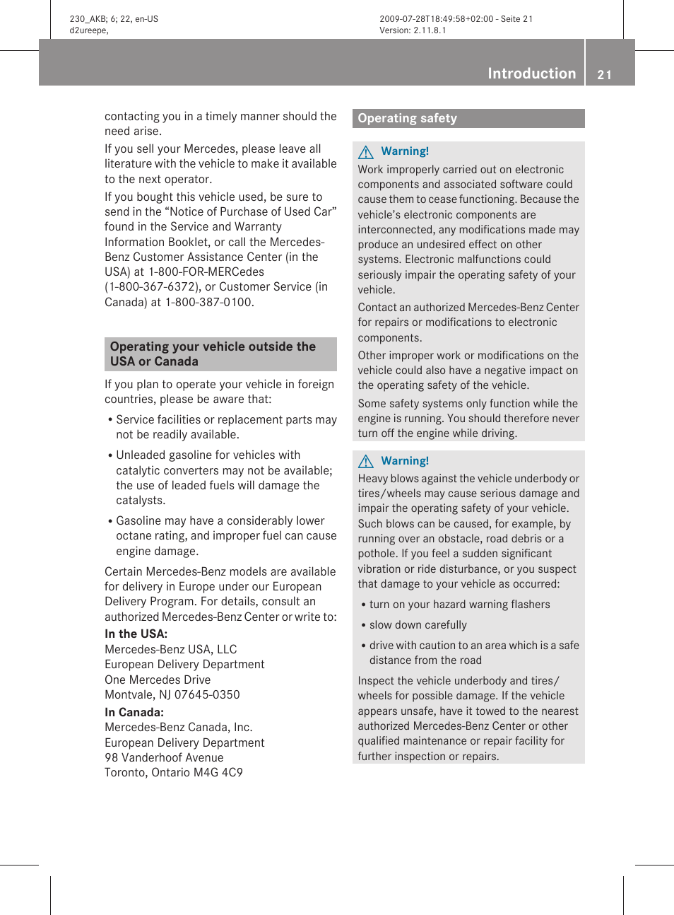 Operating your vehicle outside the usa or canada, Operating safety, Introduction | Mercedes-Benz 2011 SL-Class User Manual | Page 23 / 316