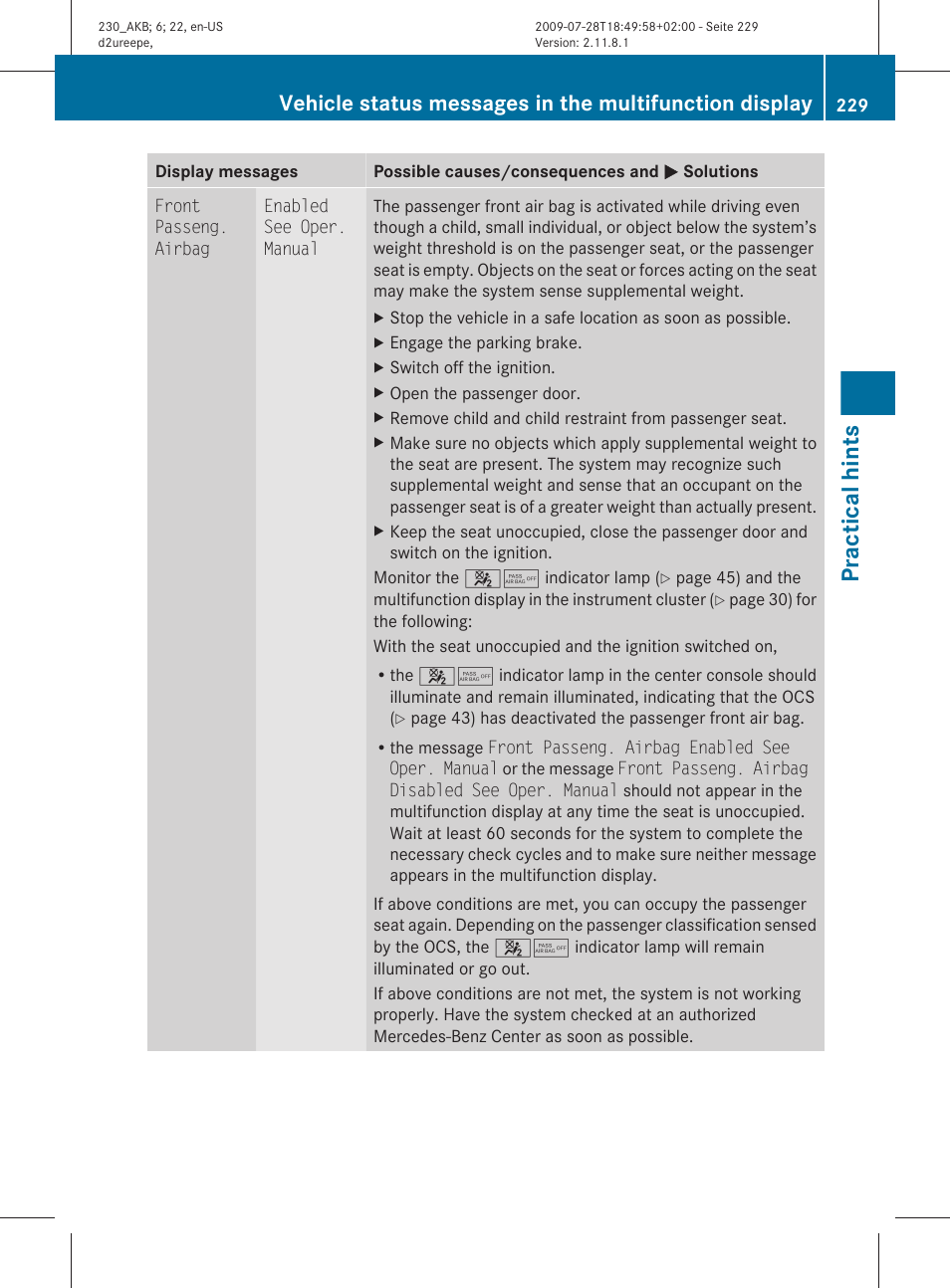 Practical hints | Mercedes-Benz 2011 SL-Class User Manual | Page 231 / 316