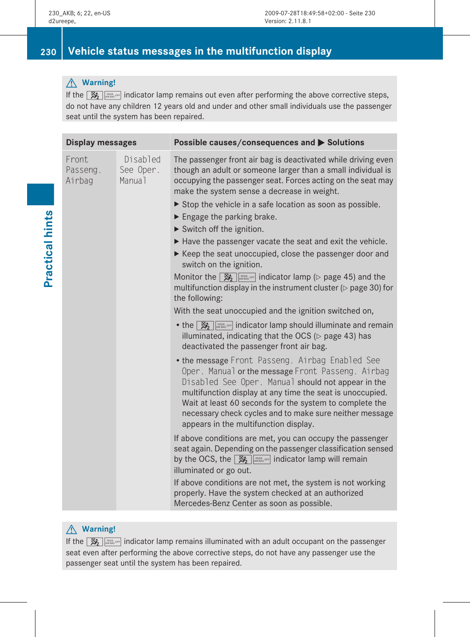 Practical hints | Mercedes-Benz 2011 SL-Class User Manual | Page 232 / 316