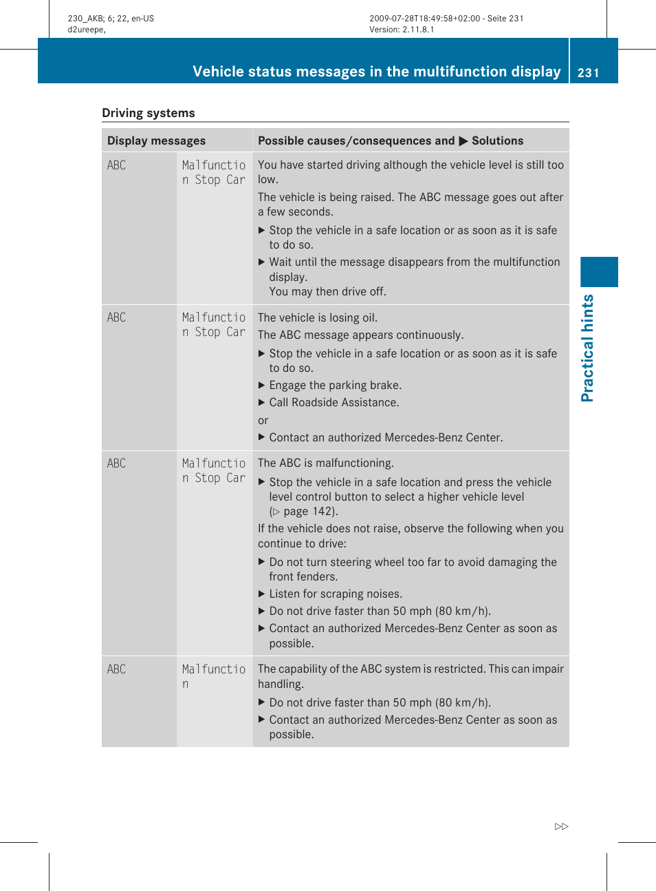 Practical hints | Mercedes-Benz 2011 SL-Class User Manual | Page 233 / 316