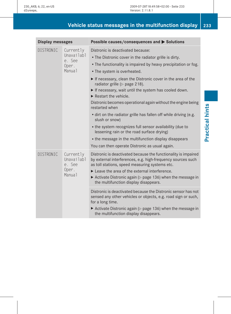 Practical hints | Mercedes-Benz 2011 SL-Class User Manual | Page 235 / 316