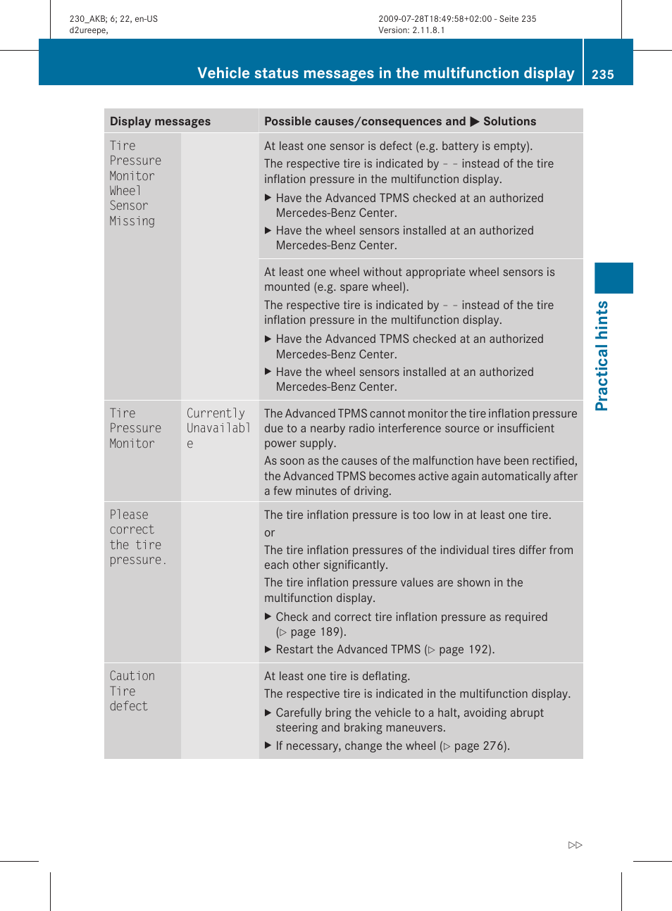 Practical hints | Mercedes-Benz 2011 SL-Class User Manual | Page 237 / 316