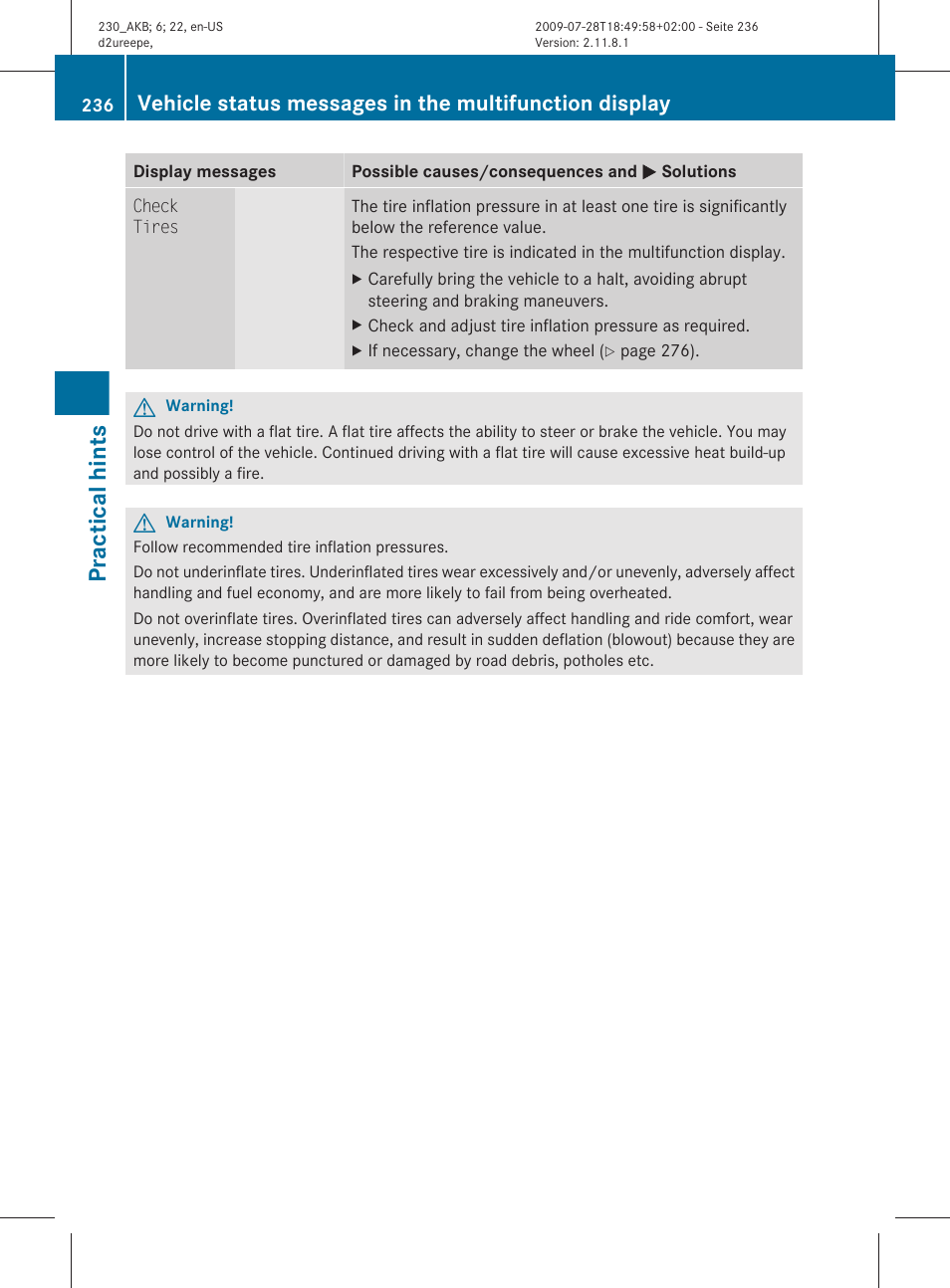 Practical hints | Mercedes-Benz 2011 SL-Class User Manual | Page 238 / 316