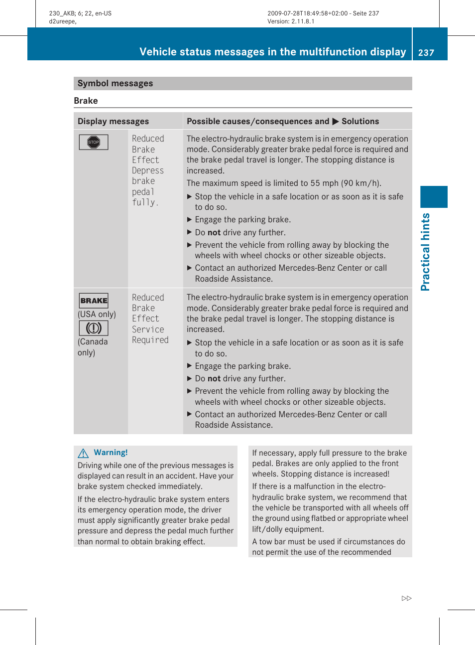 Symbol messages, Practical hints | Mercedes-Benz 2011 SL-Class User Manual | Page 239 / 316