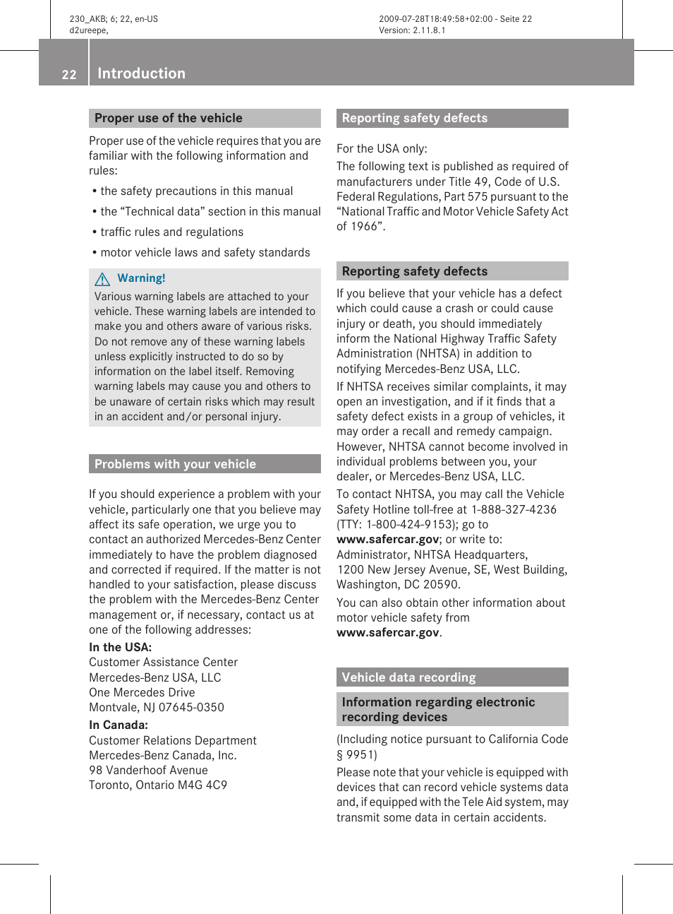 Proper use of the vehicle, Problems with your vehicle, Reporting safety defects | Vehicle data recording, Information regarding electronic recording devices, Introduction | Mercedes-Benz 2011 SL-Class User Manual | Page 24 / 316