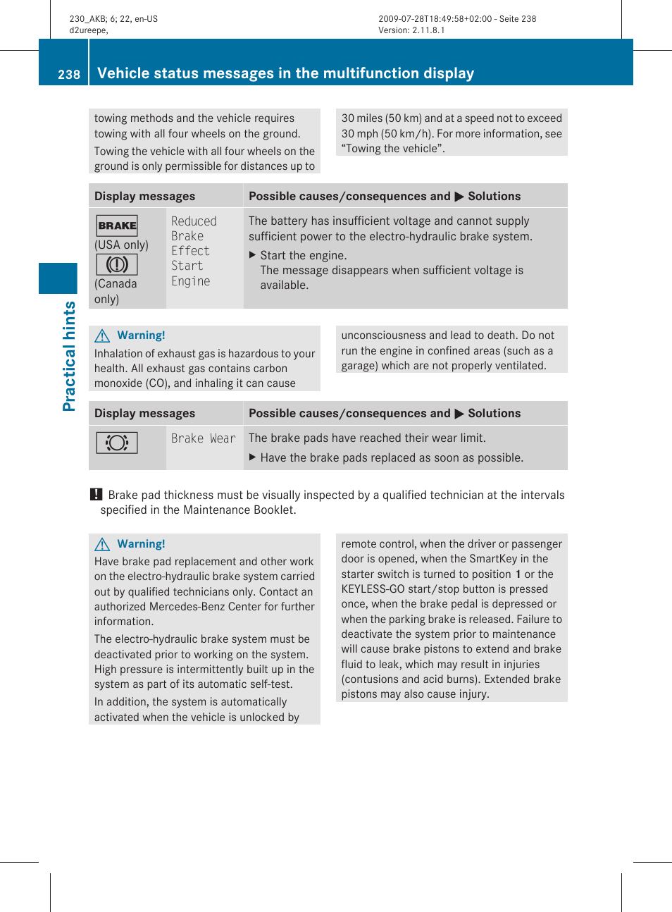 Practical hints | Mercedes-Benz 2011 SL-Class User Manual | Page 240 / 316