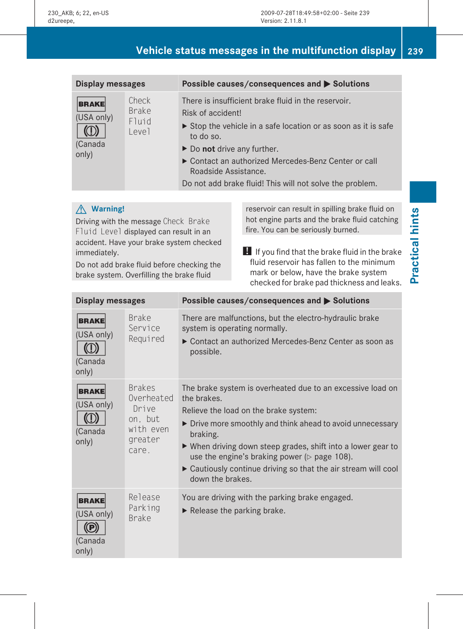 Practical hints | Mercedes-Benz 2011 SL-Class User Manual | Page 241 / 316