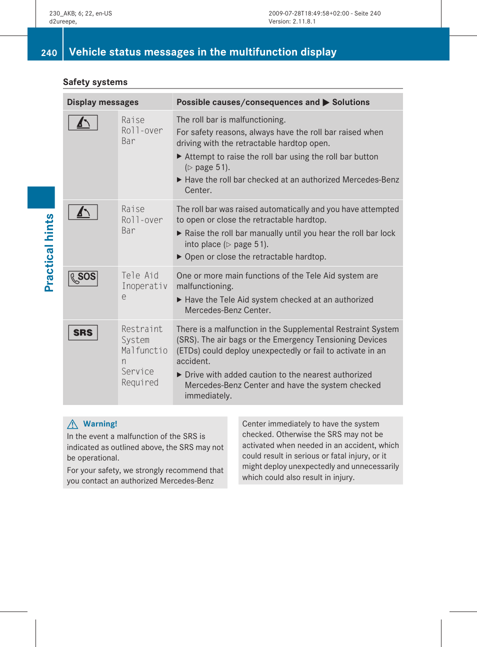 Practical hints | Mercedes-Benz 2011 SL-Class User Manual | Page 242 / 316