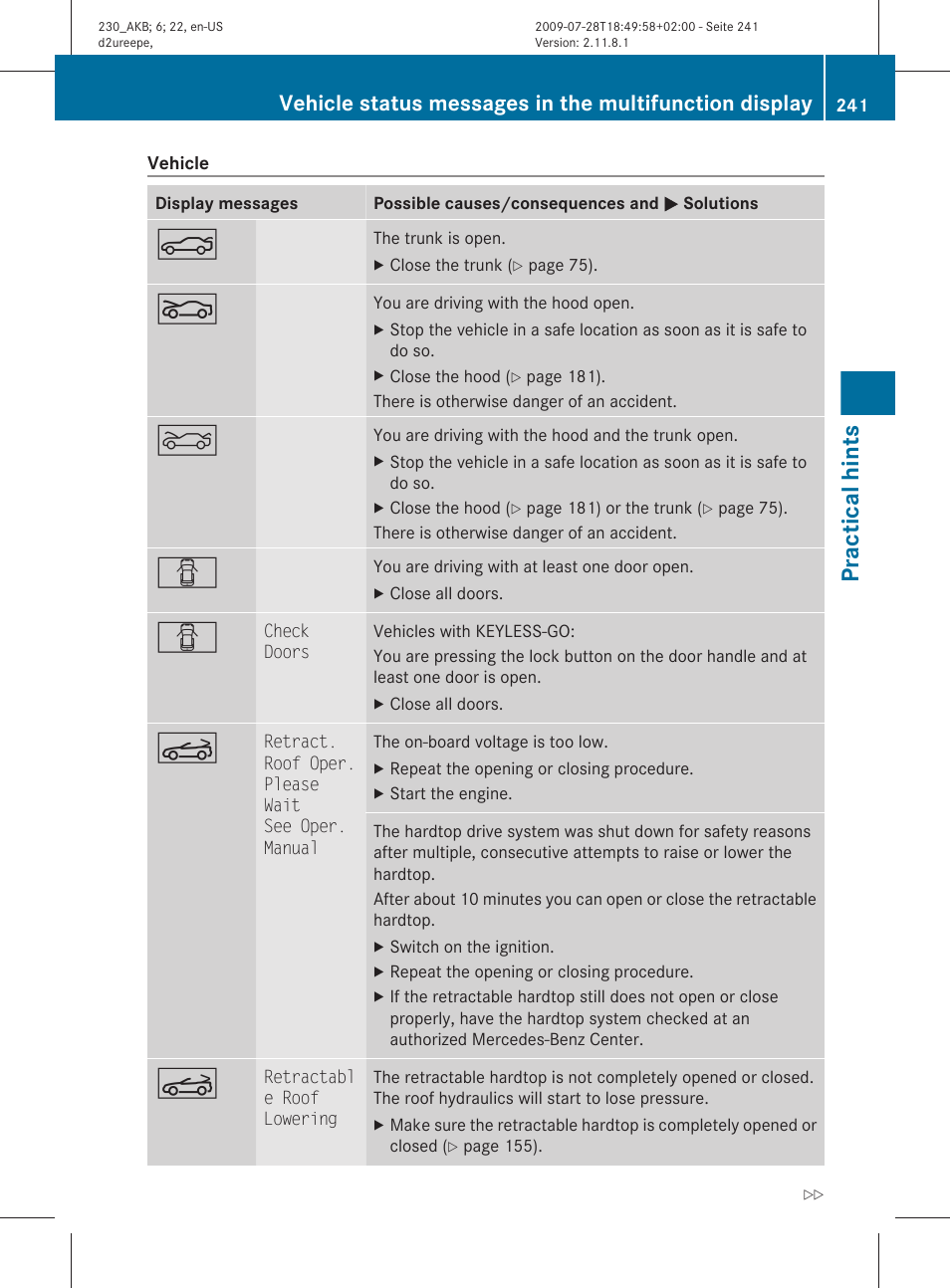 Practical hints | Mercedes-Benz 2011 SL-Class User Manual | Page 243 / 316