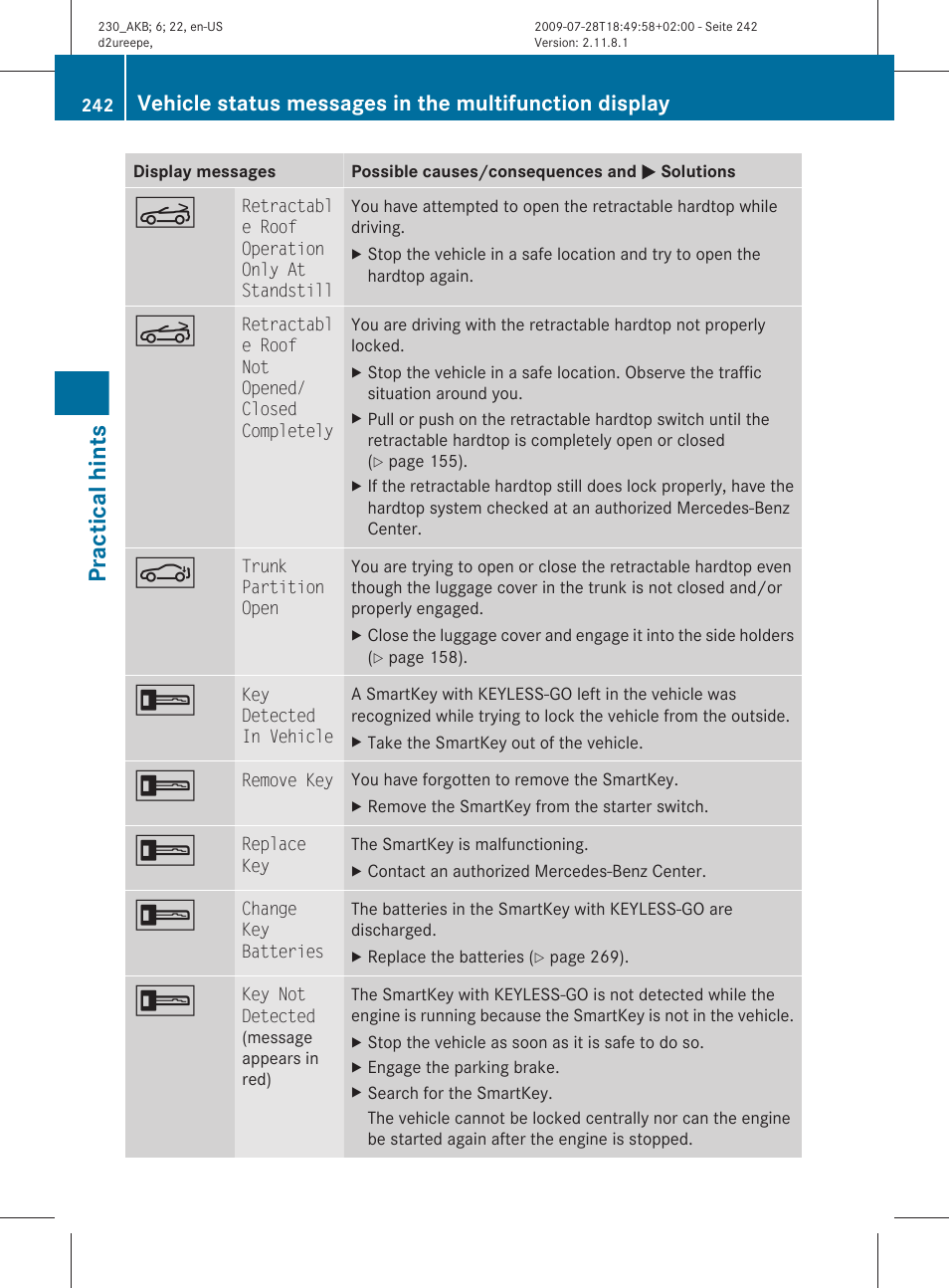 Practical hints | Mercedes-Benz 2011 SL-Class User Manual | Page 244 / 316