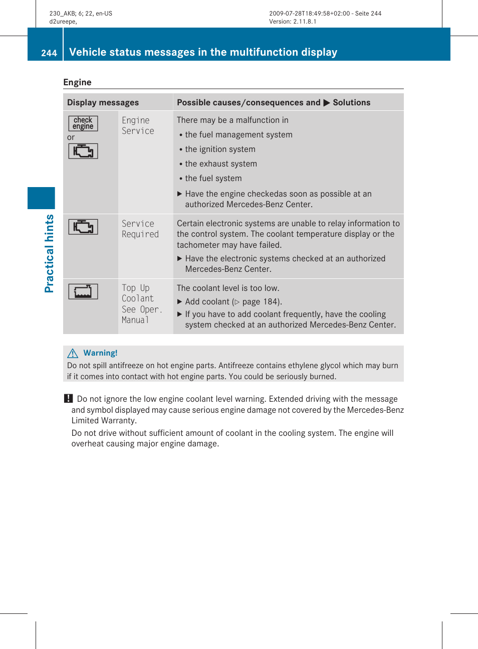 Practical hints | Mercedes-Benz 2011 SL-Class User Manual | Page 246 / 316