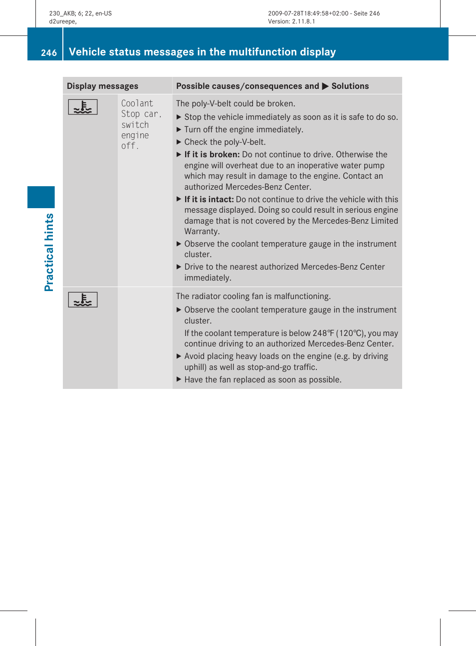 Practical hints | Mercedes-Benz 2011 SL-Class User Manual | Page 248 / 316