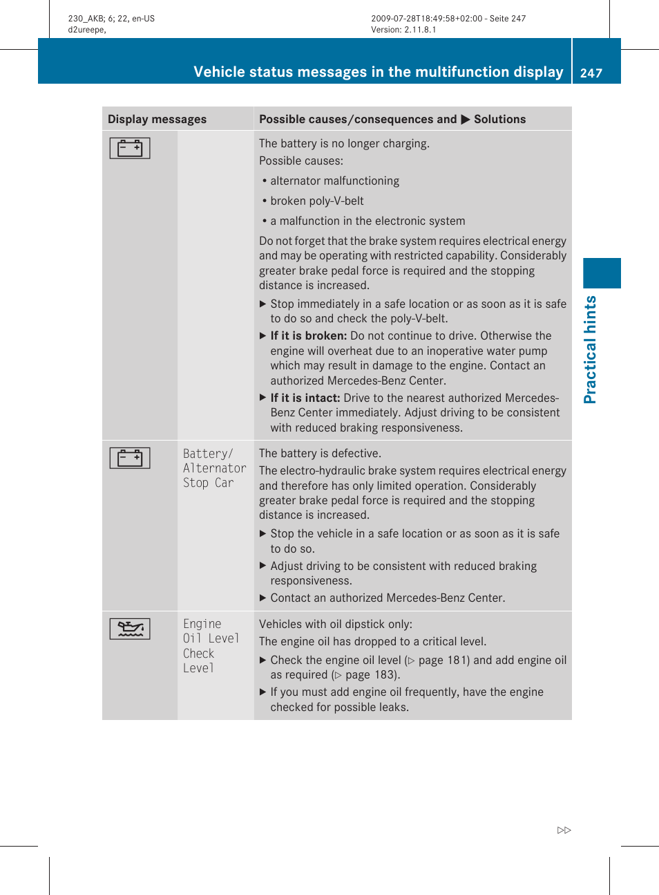 Practical hints | Mercedes-Benz 2011 SL-Class User Manual | Page 249 / 316