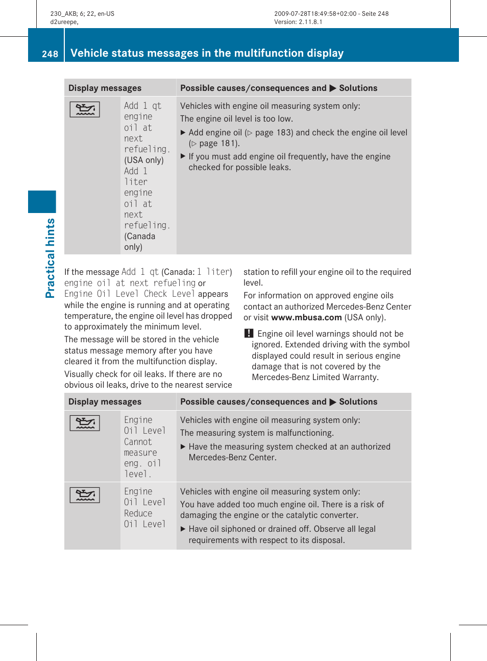 Practical hints | Mercedes-Benz 2011 SL-Class User Manual | Page 250 / 316