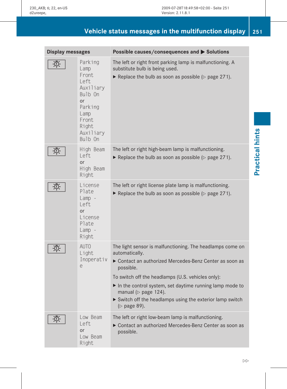 Practical hints | Mercedes-Benz 2011 SL-Class User Manual | Page 253 / 316